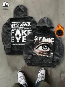 Unisex style, simple and retro distressed eye-gazing pattern print and slogan print, snowflake print, fleece-lined, warm, hoodie for autumn and winter, suitable for casual, daily, campus, travel, and streetwear; high-quality sweatshirt.