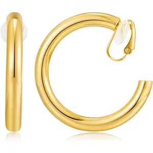Gold Clip On Hoop Earrings for Women - Classic Large Chunky Hoops - Non Pierced Minimalistic Clip Earrings