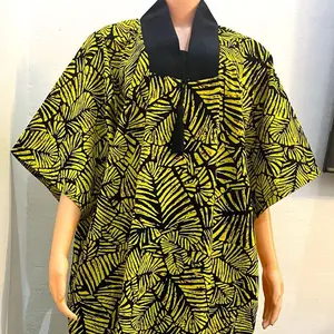 Ankara Bubu - Yellow and Black Leaf Print Caftan with Black Collar and Short Sleeves
