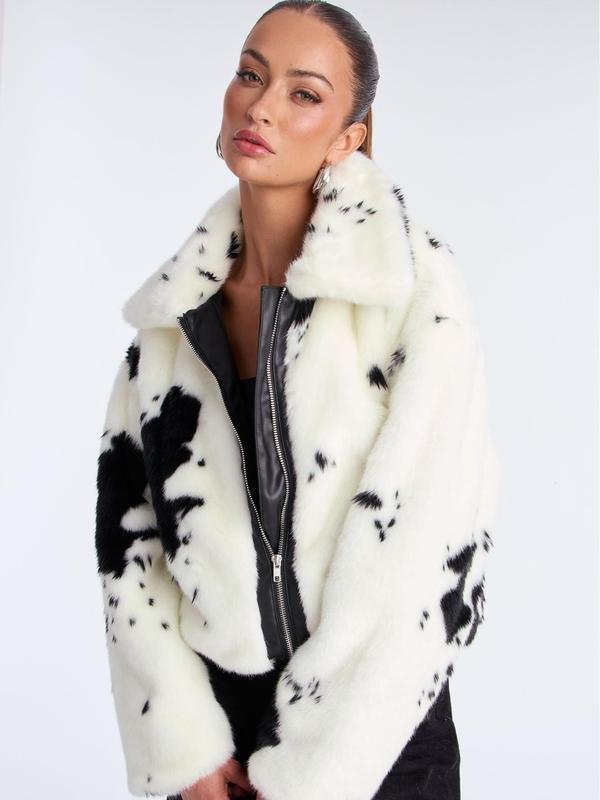 Cause A Frenzy Cow Print Faux Fur Coat – Cream/Combo | trendy everyday vibe
