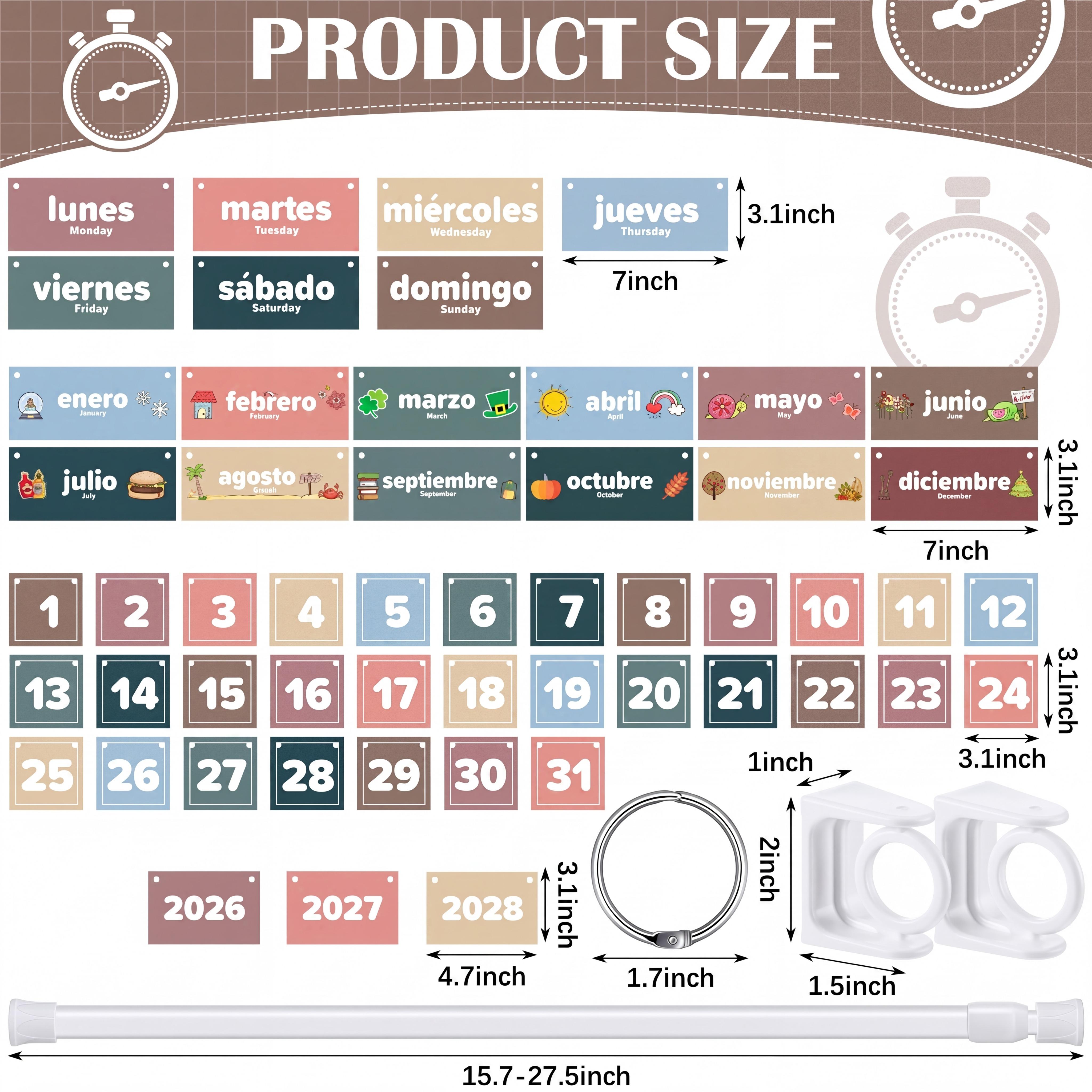 Spanish Classroom Flip Calendar Back to School Reusable Classroom Calendar Calendario Espanol First Day of School Bulletin Board White Board Classroom Decor Teacher Hack Organization Kit Include Rod and 54 Date Cards for Preschool kindergarten Primary