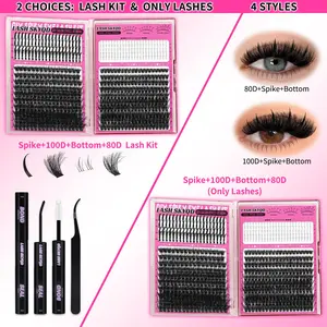 LASH SKYQD 512pcs 4 Styles D Curl False Eyelash Cluster Kit, Bottom/Spike/100D/80D Volume Lash Extensions Kit With Lash Bond and Seal Tweezers, Perfect for Beginners & Proficient, DIY at Home Easily, Easy Apply for Makeup Daily