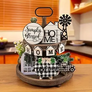 Farmhouse Themed Layered Tray Decoration without Tray, 10pcs/set Wooden Ornament, Desktop Decoration for Home Living Room Bedroom Kitchen