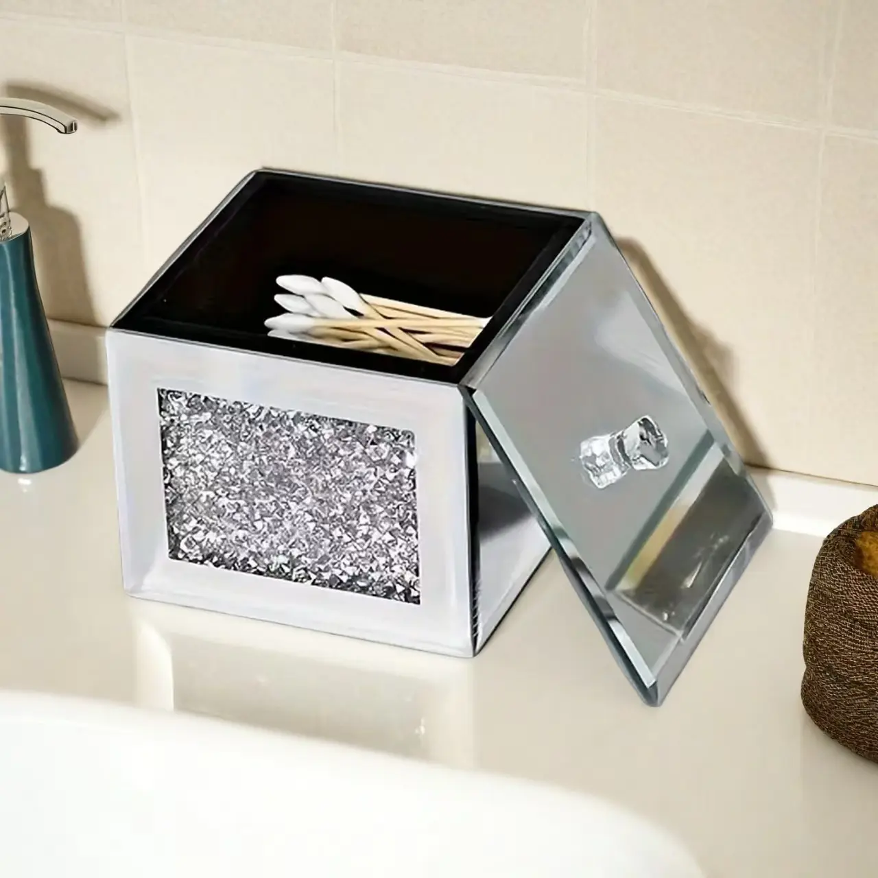 1pc Diamond Encrusted Mirror Glass Desktop Storage Box, Beauty Organizer, Dustproof Jewelry Organizer, Hair Clip Holder, Floss Container, Crystal Cleaning Cloth, Durable Storage Organizer, Cosmetics Storage Box