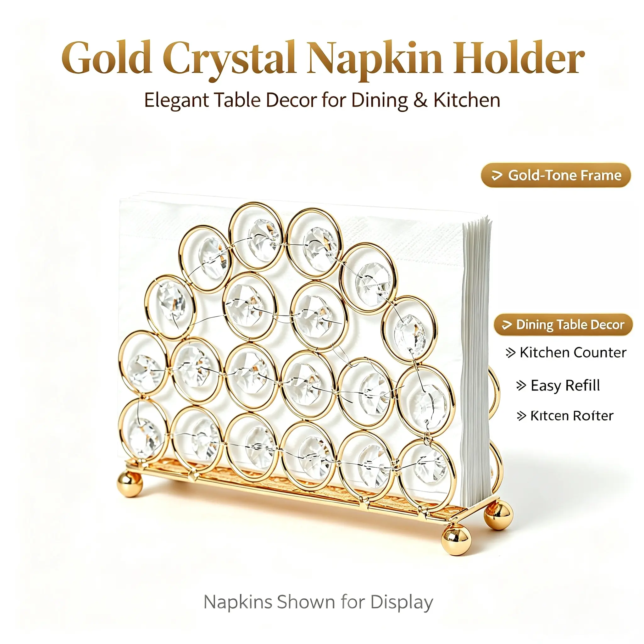 Iron & Crystal Metal Napkin Holder - 1 Pc Party Design, Gold-Silver Options, Vertical Space Saver Tissue & Card Storage Box, 2.2x1.7in Modern Tabletop Organizer for Kitchen, Dining Room