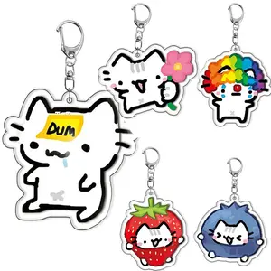 Kawaii DUM Strawberry Joker Cat Acrylic Double Layer Anime Keychain Accessories Bag Key Chain Ring Jewelry Fans Friends Gifts