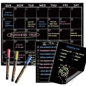 Magnetic Chalkboard Monthly Calendar with Neon Bright Liquid Chalk Markers Black Refrigerator Monthly Planning Board with Bonus Grocery List and Notepad for Kitchen Refrigerator