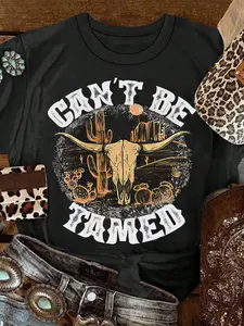 Women's Western Graphic T-Shirt - "Can't Be Tamed" Cowgirl Design with Cacti, Stars & Leopard Print Accents,  Cotton Short Sleeve Casual Tee, Machine Washable Lightweight 180gsm Top for Spring Summer Fall, Durable Print Quality