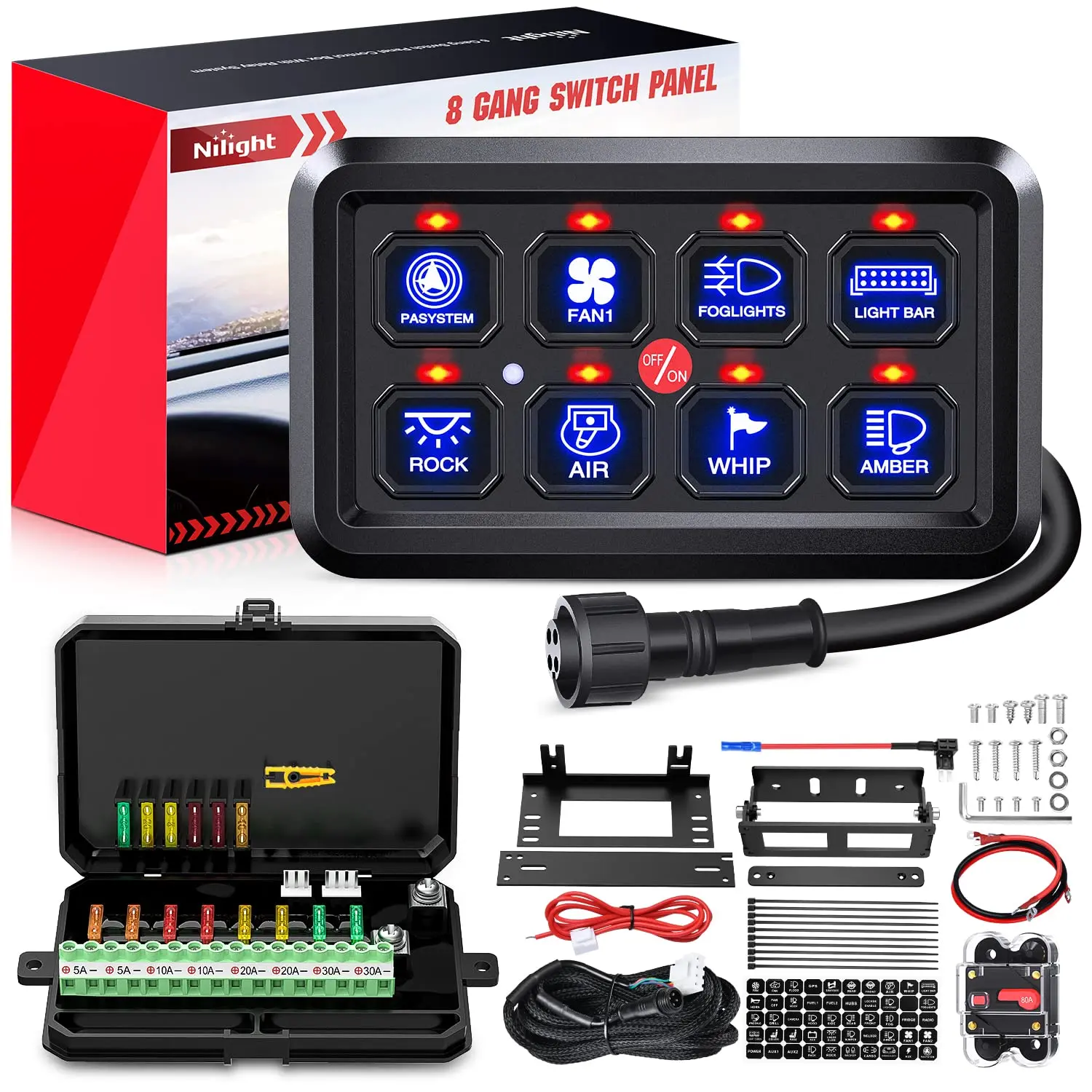 Nilight 8 Gang Switch Panel System Circuit Control Relay System Fuse Wiring Harness Automatic Dimmable ON Off LED Switch Pod for 12V Cars Trucks Campers SUV