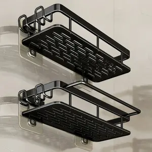 2-Pack Bathroom Organizer Rack, Including Hooks and Towel Bar, No Drilling Required, Wall-Mounted, Suitable for Bathrooms and Kitchens, Black, Bathroom Storage, Kitchen Oorganization, Space-Saving, Simple Design, Lightweight and Portable