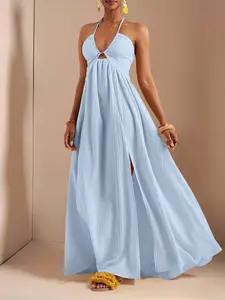 New Spring And Summer Casual Holiday Halter Neck Strapless Bust, Waist And Back A Swing Skirt With High Slit On The Front To The Thigh, Yellow Sea Stripe Women's Extra Long Dress-B Baby Blue Dress,Sun Dresses For Women