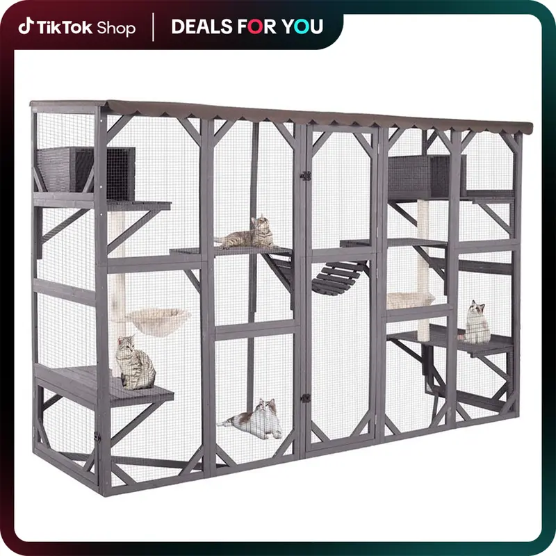 Aivituvin-AIR7017 Large Wooden Enclosed Outdoor Catio by DealsForYouDays - Cat House Furniture, Enclosure with Secure Space, Mesh, Climb & Lounge, Multi-Level Play, 63.66" Full Access, Window-Ready Back, Weather-Resistant Roof, Easy Window Access