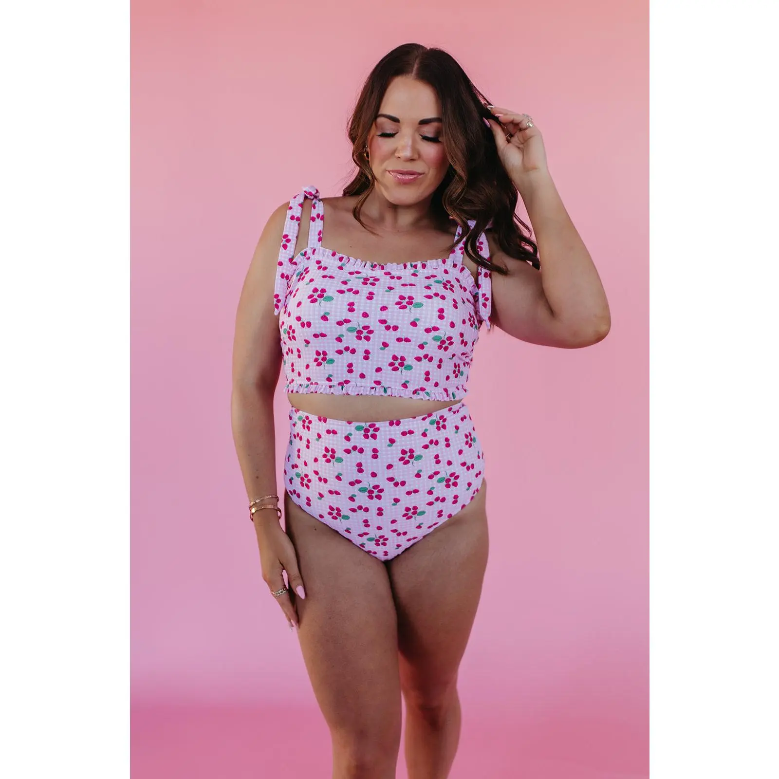 RUFFLE TIE STRAP MIDKINI SWIM TOP IN ROSIE RASPBERRY BY PINK DESERT