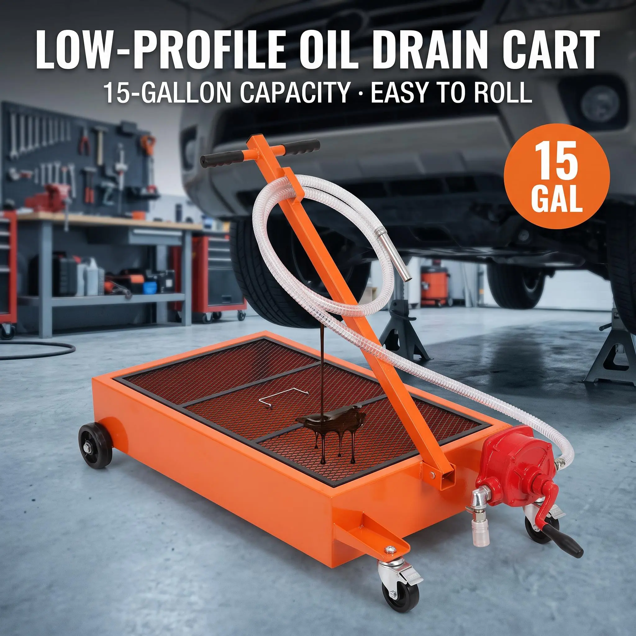 GARVEE Oil Drain Pan-20/15 Gallon Low Profile with Pump (Electric/Manual Options),Heavy Duty Portable Waste Fluid Drain Tub with 8ft Hose & Folding Handle for Trucks, SUVs, Cars,car accessories,toolupgrade