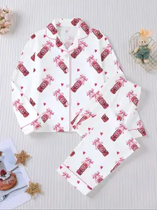 Dr Pepper Soda Bottle Bow Heart Print Long Sleeve Pajama Set, Casual Cartoon Sleepwear, Loungewear, All Seasons, Soft and Comfortable
