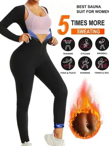 Women's Long Sleeve Sweat Suit, Front Zip Waist Trainer, Fat Burning Workout Clothes, Yoga & Running Apparel, Slimming Fitness Pants