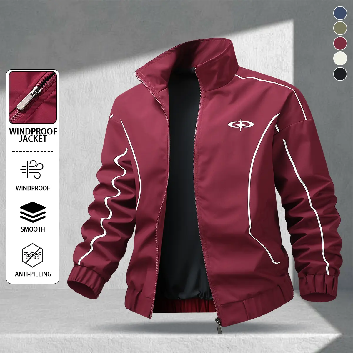 Men's burgundy and white striped stand-collar athletic jacket, multi-color woven fabric, windproof casual zip-up baseball jacket