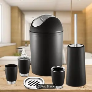 6 pcs Premium Quality Luxury Black Bathroom Accessory Set with Trash Can, Soap Dispenser, Tumblers, and Toilet Brush