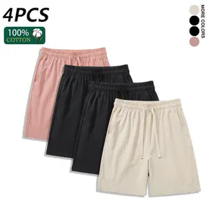 4PCS 100% Cotton Linen Shorts for Men, Breathable Summer Casual Drawstring Shorts