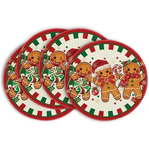 14inch Set of 4 Gingerbread Candy Cane Merry Christmas Round Placemats Winter Round Table Mats Xmas Decor   Colorful Tableware Indoor Outdoor Coasters