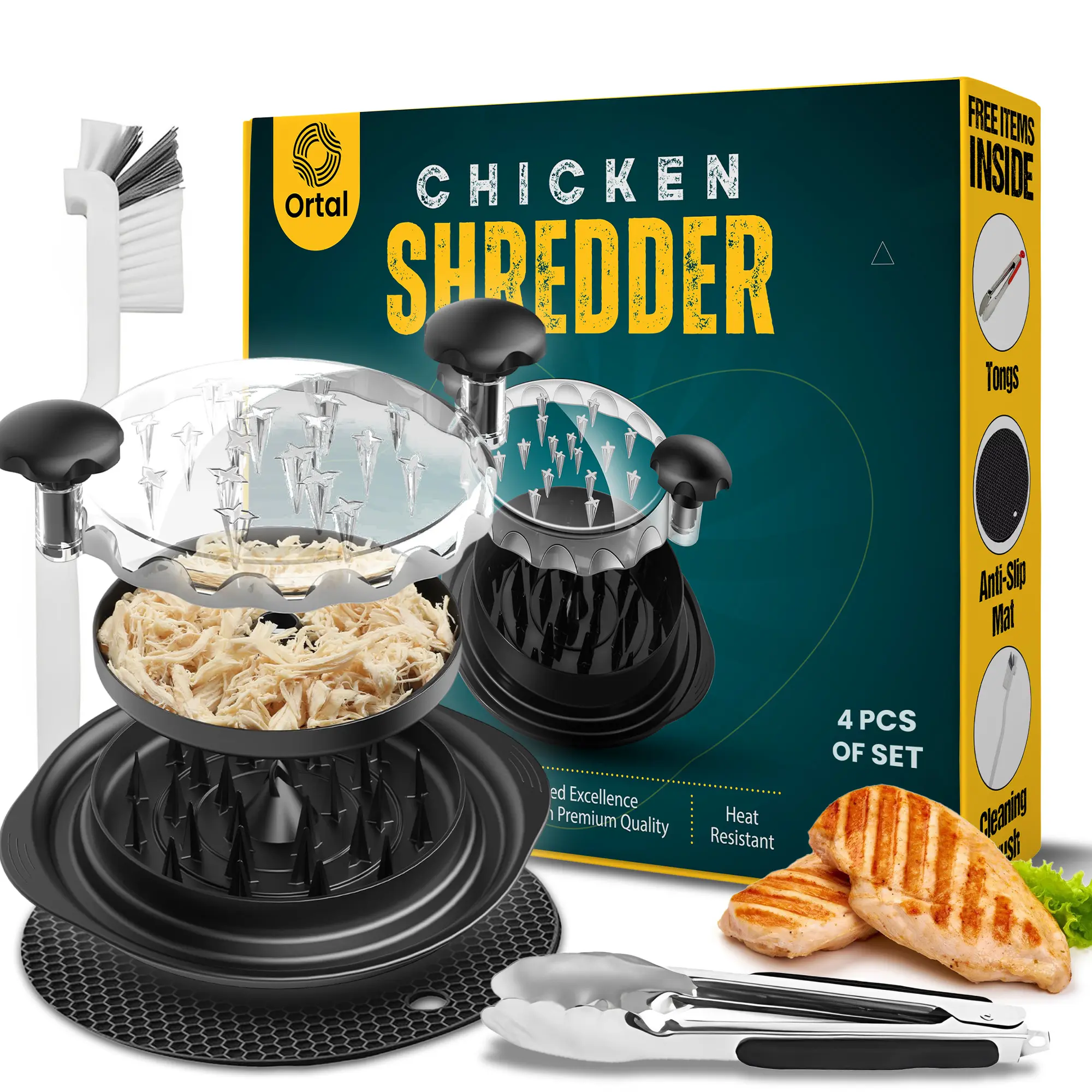 Chicken Shredder Large Chicken Breast Shredder Tool Twist with Brush & Fork, Visible Meat Shredder Machine, Strong Anti-Slip Strip, Ergonomic...