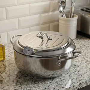 Stainless Steel 304 Tempura Deep Fryer Pot with Flat Japanese-Style Base, Lid & Built-In Thermometer – Perfect for Home Deep Frying, Tempura, and Japanese Cuisine