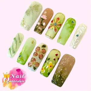 Nail Queendom [EMERALD GARDEN] Handcrafted 3D Press-On Nails Reusable Long Lasting Salon Quality Easy Application 10 Pieces Set Eco-Friendly 3D-gel Finish