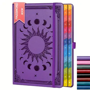 Retro Sun and Moon Design A5 Faux Leather Password Notebook, 360 Pages, Blue, 5.9 x 8.5 Inchorful Letter Tabs, Suitable for Home and Office Use, Perfect Gift for Both Men and Women, Notebook Journal