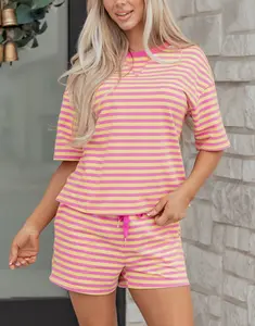 Effortless Casual Vibes  Striped Terry Cloth 2-Piece Lounge Set | Stripe Tee & Shorts #MatchingSet, 95%Cotton #SummerFit #OOTD #ComfyStyle #LazyDayFit