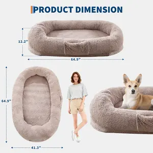 Garvee Large Human Dog Bed for Adults & Pets, 65-67 inches, Orthopedic Egg-Shaped Foam, Removable Washable Faux Fur Cover, Portable Handle, Side Pockets, Suitable for Bedrooms, Living Rooms, Offices