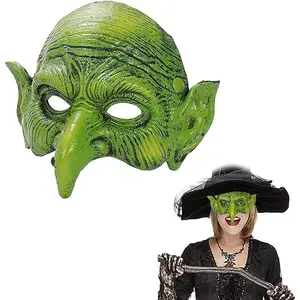 green goblin mask，Horror Green Witch Mask, realistic pleated texture and pointed ear design, suitable for cosplayers with Halloween horror themes, haunted house carnival prank props, movie night role-playing theme party decoration accessories