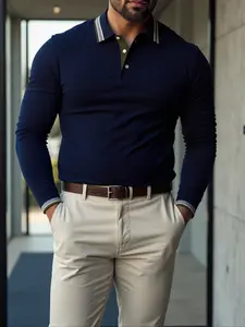 Men's Business Casual Colorblock Patchwork Long Sleeve Polo Shirt, Fitted Breathable Top, Office Commute & Daily Wear, Spring & Fall Fashion, Menswear