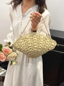2026 New Shell-Shaped Handbag, Fashionable Casual Design, Versatile Knitted Beach Bag, Large Capacity Hollow Fan Crossbody Bag, Fashionable Straw Bag, Fashionable Bohemian Bag