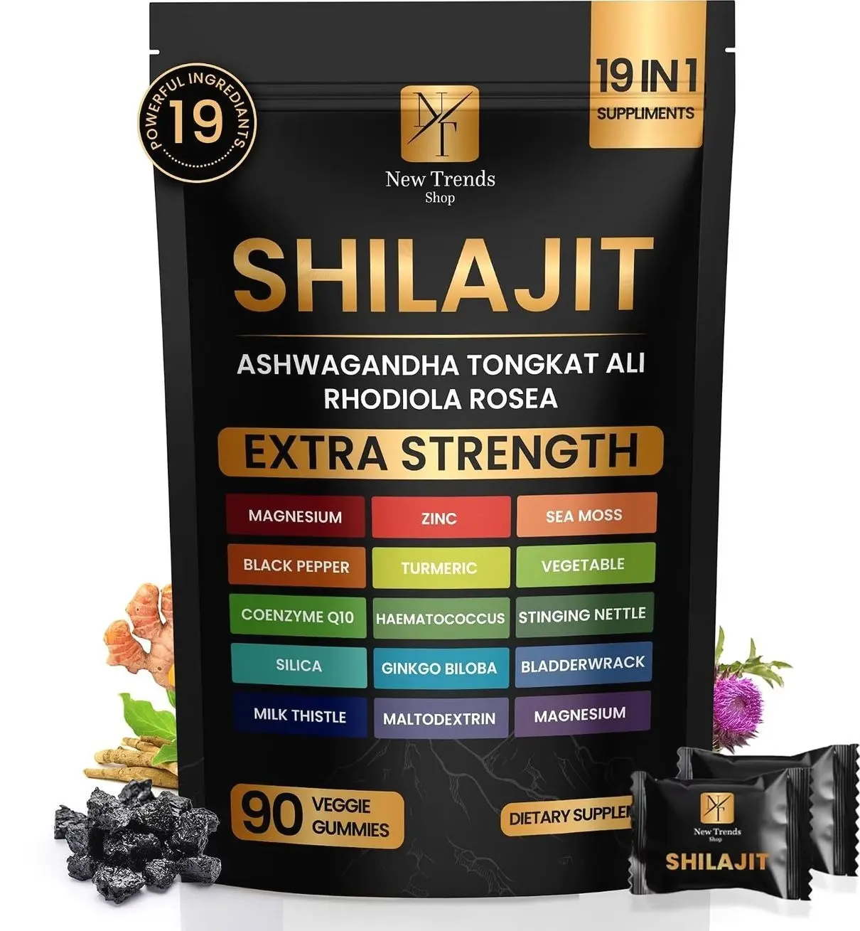 Shilajit Gummies 19 in 1 with Sea Moss, Ashwagandha, Tongkat Ali - Shilajit Pure Himalayan Organic Fulvic Acid Gummies- 90 Count