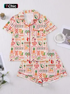 Women's Spring Summer Pyjama Set, Cartoon Print, Comfortable Shirt Collar Short Sleeve Top & Loose Elastic Shorts, Casual Home Wear