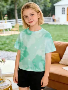 Daily leisure girls' short sleeve T-shirt Green Clouds And Stars Pattern Print Breathable, light, and comfortable Machine washable, fashionable, versatile, parent-child outfits, casual and comfortable