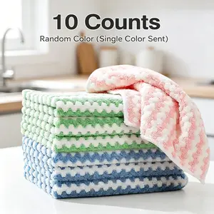 10 Pack Ultra Absorbent Microfiber Cleaning Cloths, Wavy Striped Dish Towels, Lint-Free & Oil-Resistant Reusable Kitchen Rags, Three Colors, for Dishes, Counters, Glass & Home Cleaning
