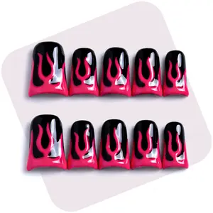 Glow In The Dark UV Reactive Pink Flame Fake Nails Short Duck Press On Nails