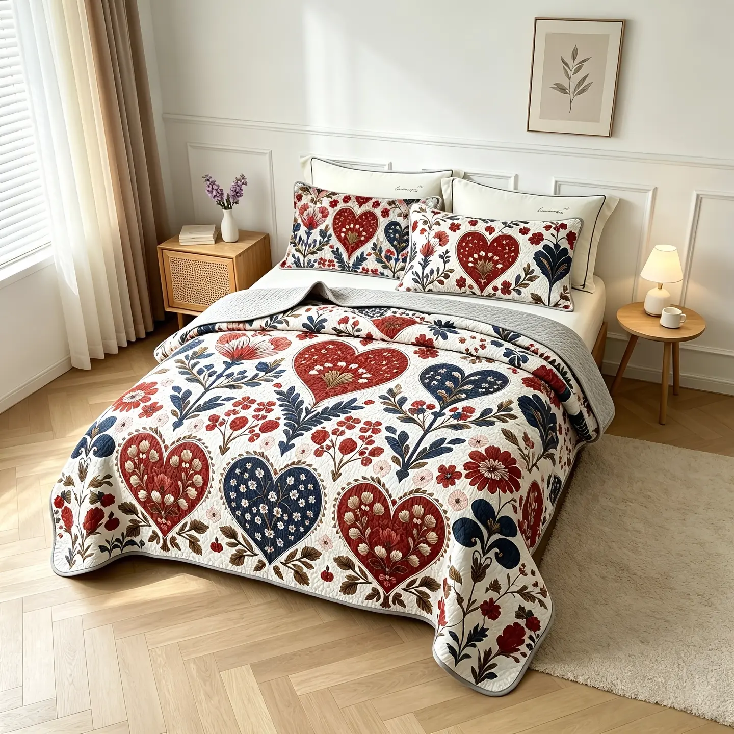 3pcs Folk Art Heart Floral Quilt Set, Red And Blue Botanical Bedspread with 2 Pillow Shams, Lightweight Reversible Quilted Coverlet, Soft Breathable All-Season Bedding for Queen/Full Size Bed, Machine Washable