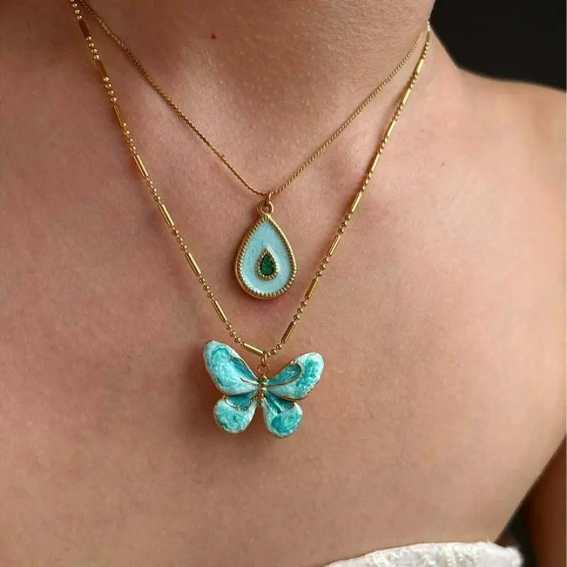Vintage Stainless Steel Necklaces for Women Butterfly Waterdrop Avocado Pendant 18K Gold Plated Bohemian Party Necklace Fashion Jewelry
