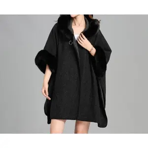 Women's Faux Rabbit Fur Collar Hooded Cape Cardigan - Thick Loose Longline Knit Fur Coat Casual Casual Womenswear Jackets