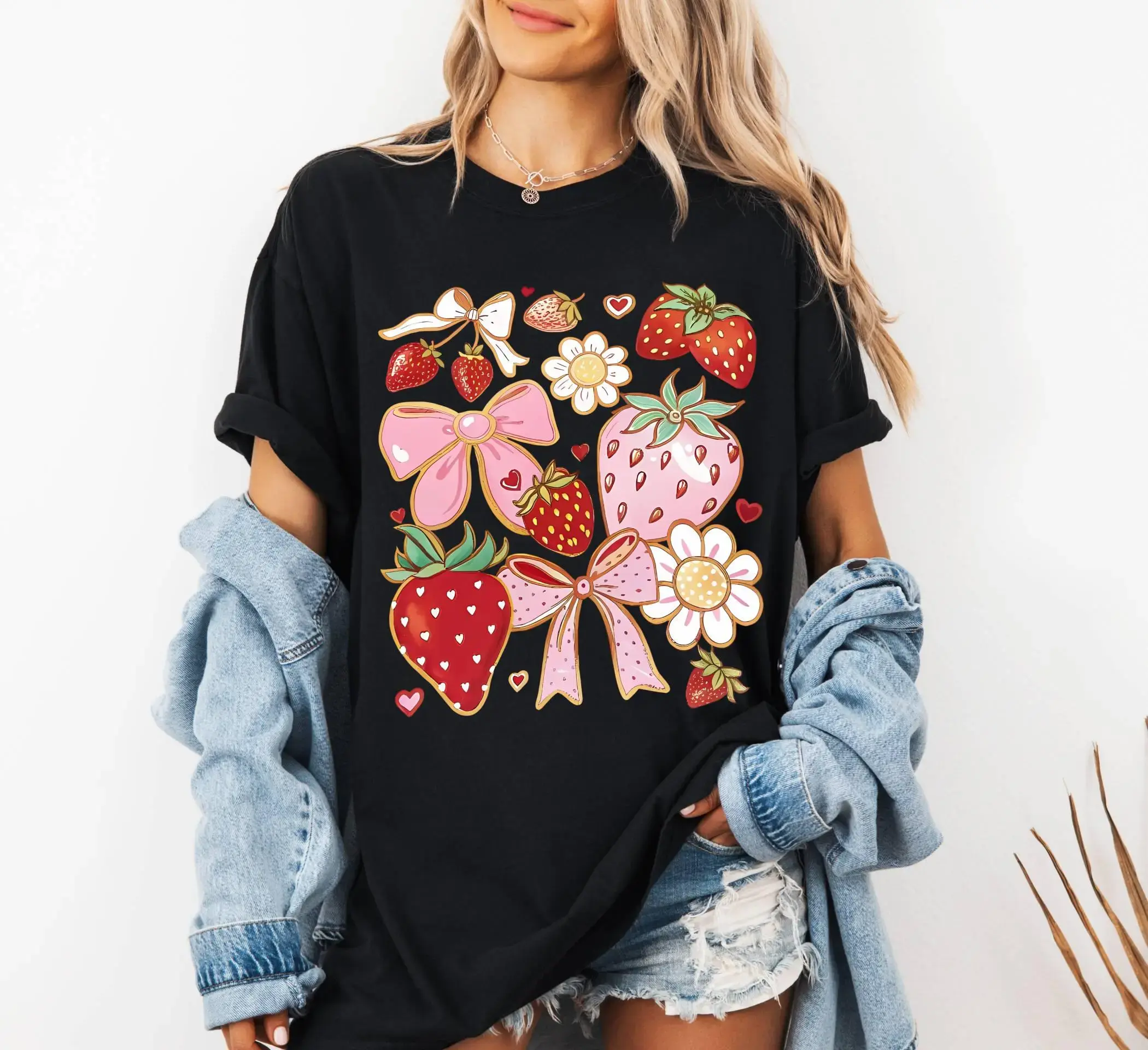 trawberry Floral Shirt, Cute Bow Graphic Tee, Cottagecore Aesthetic, Soft Summer Fruit Shirt, Graphic Top,