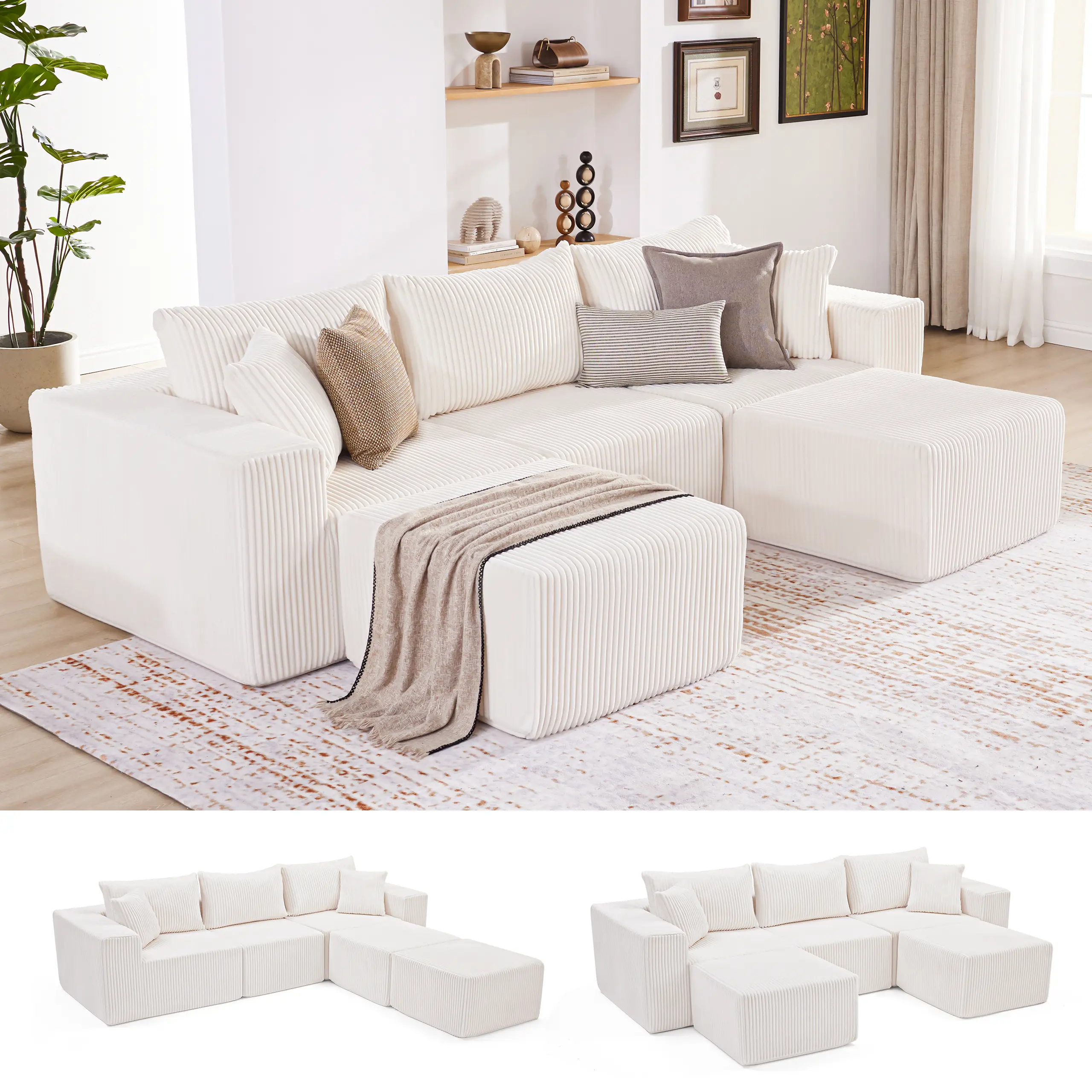 Beige-3Seats+2 Ottomans