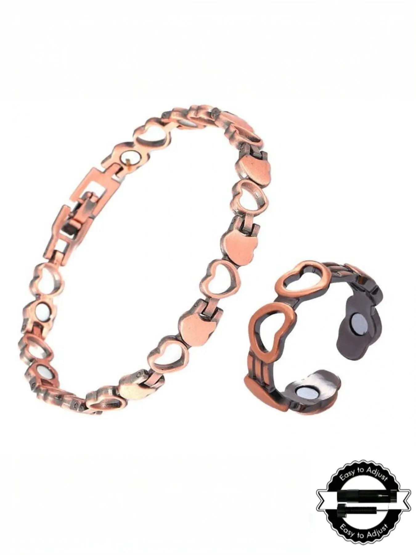 Vintage red copper openwork heart-shaped magnetic therapy bracelet and ring set, Vintage Jewelry Set, Bracelet Jewelry Sets, a gift for your loved one.