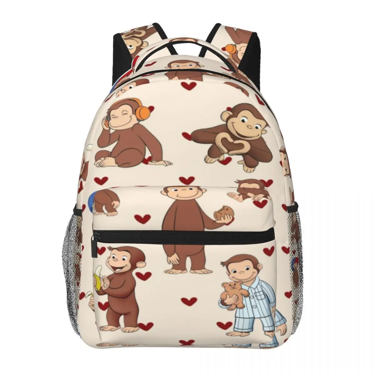 Curious George Red Heart Cream Background Backpack Large Capacity Full Print Kids School Daypack Lightweight Children Backpack