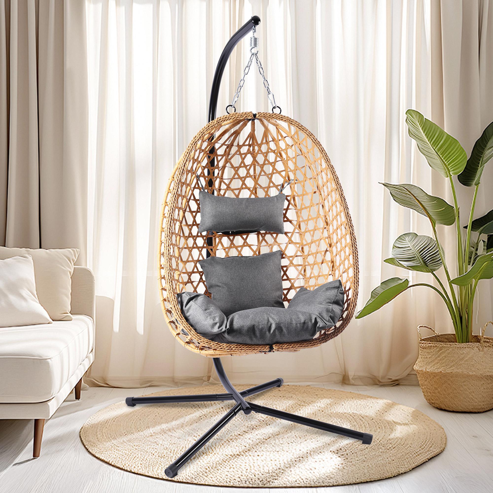 Boho Style Patio Swings with Stand- 350lbs Weight Capacity, Single Hanging Egg Chair with Cushions, Hammock Swing Chair  for Bedroom, Balcony, Garden summerwins