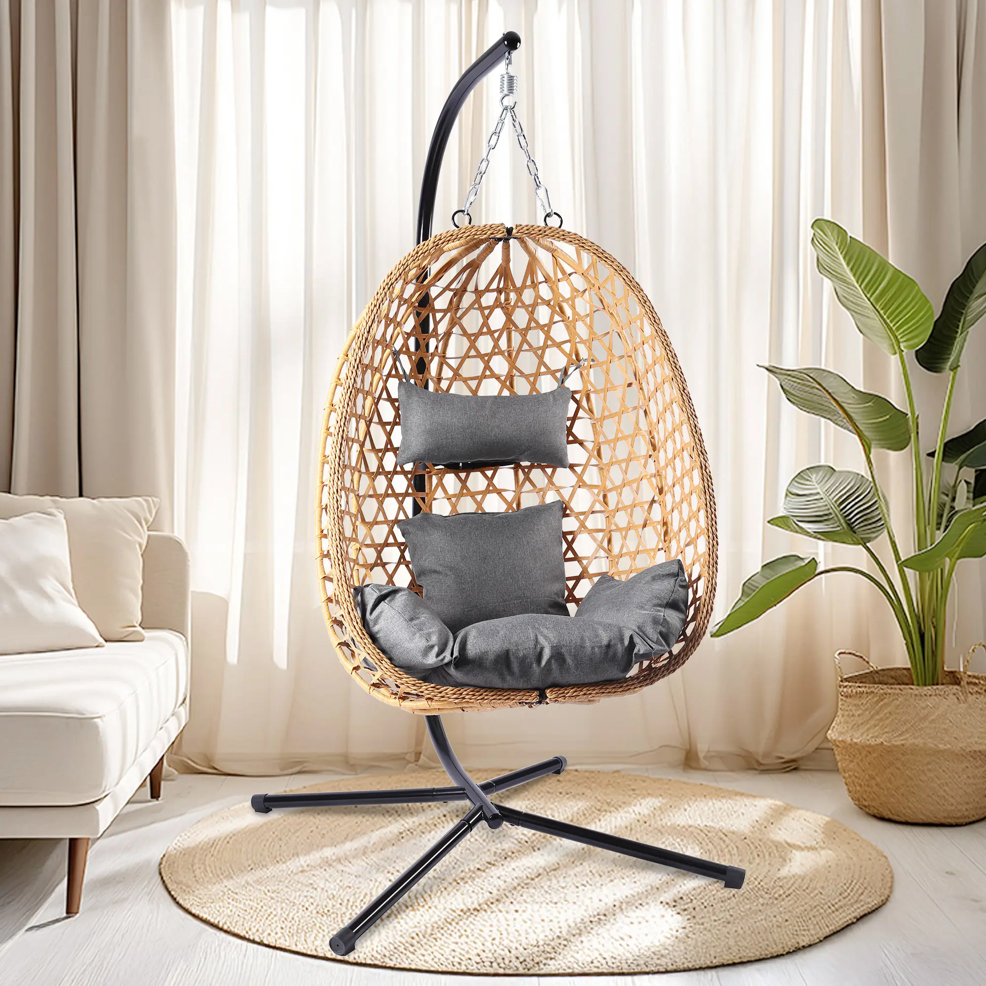 【FallFreshness】RIWENGO Boho Style Patio Swings with Stand- 350lbs Weight Capacity, Single Hanging Egg Chair with Cushions, Hammock Swing Chair for Be