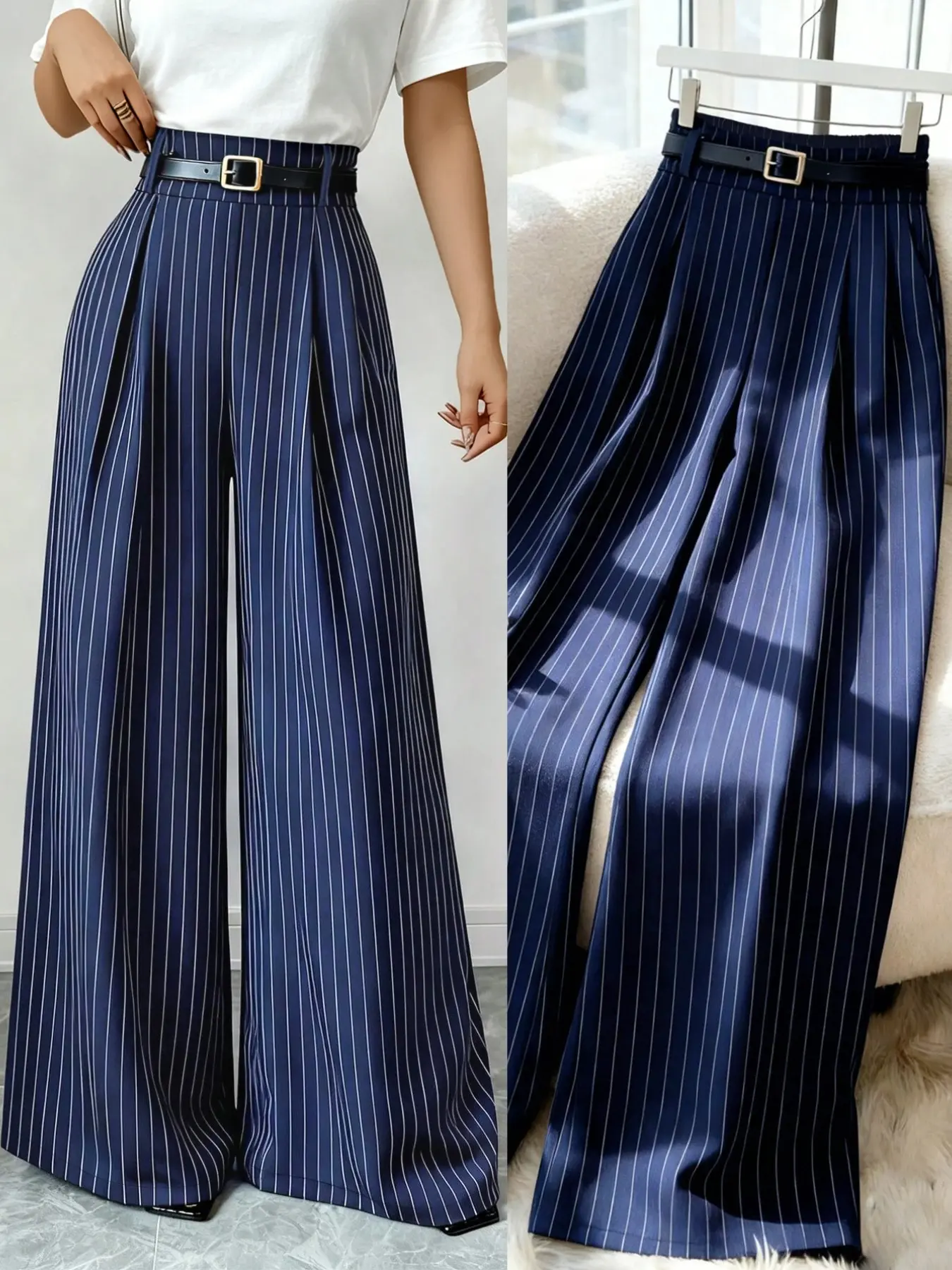 Women's Classic Casual Blue Striped Straight Leg High Waist Pants with Belt, Casual Basic Trousers, Comfortable and Stylish Everyday Wear, Perfect for All Seasons, Fit