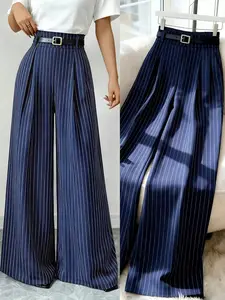Women's Classic Casual Blue Striped Straight Leg High Waist Pants with Belt, Comfortable and Stylish Everyday Wear, Perfect for All Seasons
