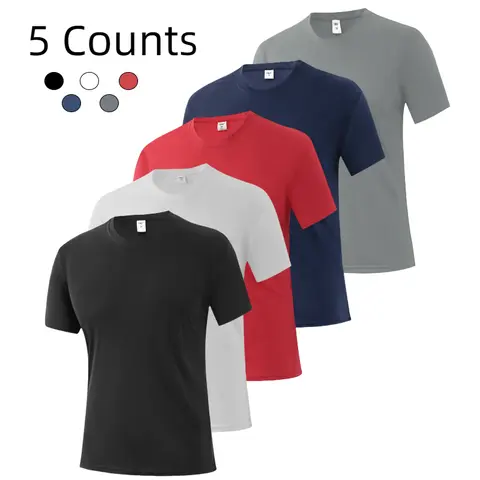 Men's 5-Piece Round Checkered Crew Neck Short-Sleeve Polyester Basic T-Shirts - Skin-Friendly, Fitted, Quick-Dry, Semi-Sheer Sporty Chic Activewear for Summer Fitness, Gifts for Dad (Size Up Recommendation)